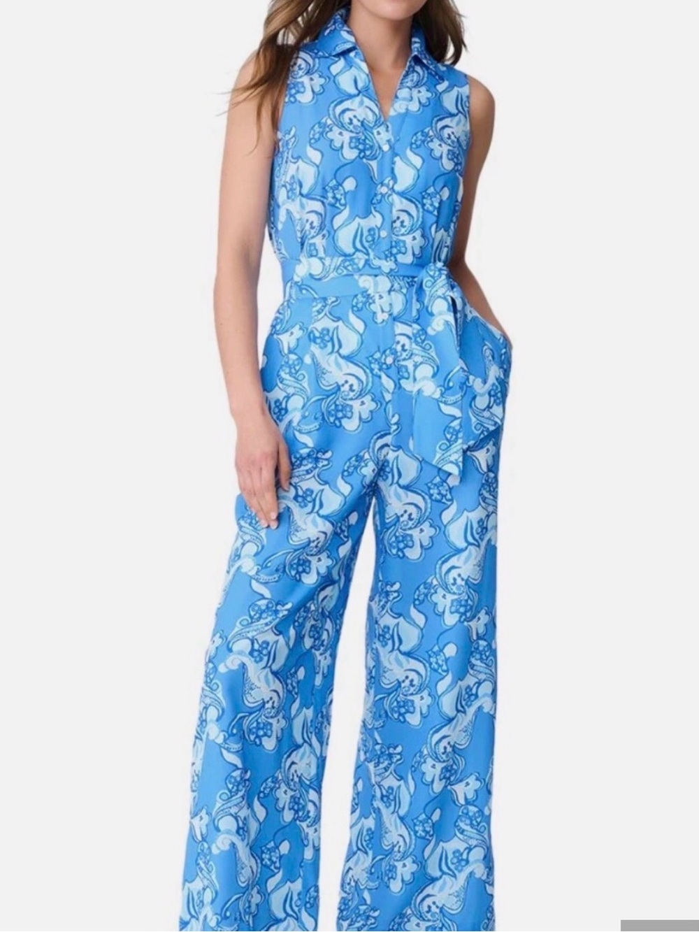 Sleeveless Blue Floral-Print Tie-Waist Jumpsuit